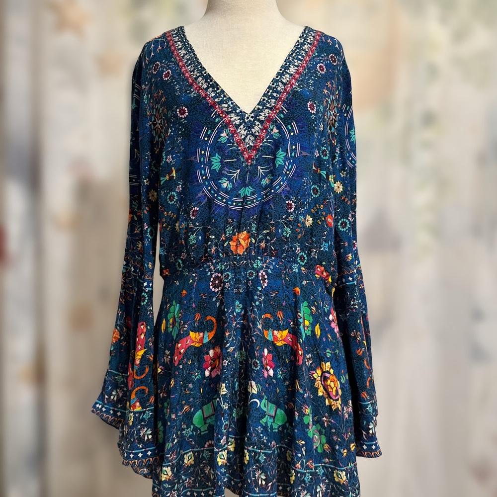 Camilla Kindness Kaleidoscope Wide Sleeve Playsuit 100% Silk Size L